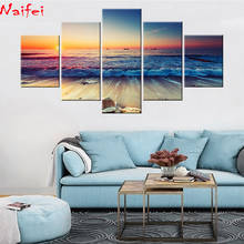 Pintura com diamantes para decoração de parede, conjunto de 5 peças com tema de pôr-do-sol, paisagem marítima, bordado, faça você mesmo, decoração com contas redondas 2024 - compre barato