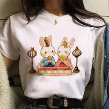 Модная женская футболка с изображением пары кроликов, милые футболки с рисунком кролика, Женская эстетичная одежда в стиле Харадзюку, белые топы, футболка 2021 2024 - купить недорого