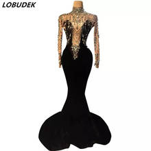 Elegante vestido de sirena de terciopelo con diamantes de imitación para mujer, vestido Sexy de noche para fiesta de graduación, trajes de escenario para cantante 2024 - compra barato