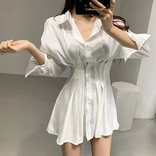 2020 New Shirt Satin Dress Bandage Pleated See Through Mini White Elegant Long Sleeve Sexy Party Elegant Spring Robe Femme 2024 - buy cheap