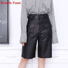 Spring Genuine Leather Pants Women Straight Style High Waist Overalls With Belt Big Pocket Female Oversize White Casual Shorts 2024 - buy cheap