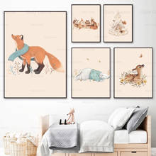 Animais brincalhão pintura da lona raposa veados esquilo poster arte impressão estilo nórdico imagem papel de parede decoração casa crianças quarto 2024 - compre barato