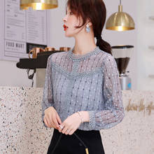 Spring Autumn Style Women's Lace Hollow Out Shirts la Polka Dot O-neck Mesh Blouse Long Sleeve Elegant Casual Tops 2024 - buy cheap