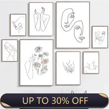 Póster de lona de estilo nórdico para pared, cuadro con dibujo de líneas y cara, arte de flores escandinavas, decoración minimalista, H 2024 - compra barato