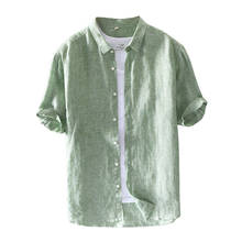 100% Pure Linen Short Sleeve Shirts for Men Casual Fashion Green Pink Plaid Shirt Turn-down Collar Male 2020 Summer New Tops 2024 - buy cheap