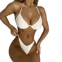 Conjunto de Bikini con espalda descubierta para mujer, bañador Sexy de Color liso de cintura alta, traje de baño con aros y almohadilla, ropa de playa 2021 2024 - compra barato