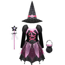 Disfraz de bruja de Halloween para niñas, brillante, estrellas plateadas, vestido de Cosplay de Carnaval con sombrero puntiagudo, varita, ropa de vestir 2024 - compra barato
