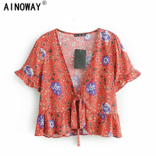 Vintage Chic Women V-neck Bow Tie Floral Print Bohemian Shirt Kimono Short Sleeve Rayon Cotton Boho Shirts Blusas Oversize 2024 - buy cheap