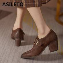 ASILETO New 2021 Ladies Pumps Pointed Toe 6cm Block Heesl Genuine Leather Buckle Simple Classic All-Match Casual B2306 2024 - buy cheap