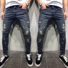 Mens Hole Jeans Pants Casual Fitness Pocket Denim Trousers For Man Ripped Skinny Trousers Spring Summer Causal Pants 2024 - buy cheap