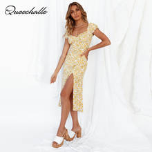 Elegant V Neck Women Midi Dresses Summer Yellow Floral Print Party Clud High Waist Short Sleeve Casual Ladies Dresses Tunic 2021 2024 - buy cheap