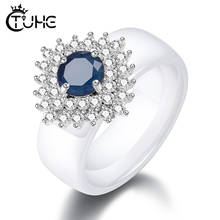 Anillos llamativos de moda para mujeres y niñas, anillo de cerámica liso con cristal de circonita azul, regalos de joyería de boda de 8mm de ancho 2024 - compra barato