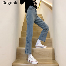 Gagaok Women Denim Ankle-Length Pant Streetwear Solid Button High Loose Harajuku Casual Fashion Ladies Wild Straight Pants 2024 - buy cheap