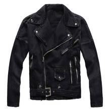 Sokotoo Men's zippers black biker jean jacket Streetwear thick denim slim coat with belt High quality 2024 - buy cheap