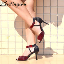 Ladingwu Dance Shoes Women Red Rhinestone Latin Dance Shoes Black Silk satin Women Petformance Dance Shoes Metal heel Sandsls 2022 - buy cheap