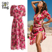 Tingfly Summer Bohemian Flowery Beach Style Dress Women V neck Button Decorative Floral Print Boho Dress Casual Slip Dress New 2024 - buy cheap