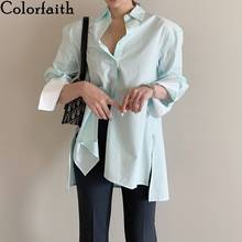 Colorfaith New 2021 Women Autumn Winter Blouses Shirts Buttons Casual Vintage Split Oversize Contrast Office Lady Tops BL7588 2024 - buy cheap