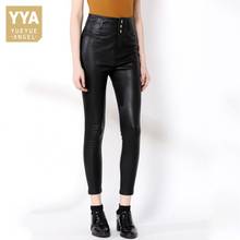 2022 High Waist Single Breasted Genuine Leather Pants Women High Street Black Elastic Skinny Push Up Bikers Pencil Pants Female 2024 - buy cheap