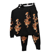 Autumn Tracksuit Women Set Fashion Gold leaf Pan Flower Embroidery Long sleeve Knitwear + Harem Pants 2 piece Set Women H722 2024 - buy cheap