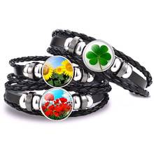 Flowers Punk Bracelet Clover Sunflowers Poppy Flowers Glass Cabochon Braided Black Leather Woven Bracelet for Daughters Gifts 2024 - buy cheap