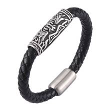 Pulseira punk vintage masculina, bracelete de couro trançado preto de aço inoxidável com fecho magnético de pulso sp0467 2024 - compre barato