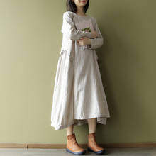 Женское весенне-осеннее однотонное хлопковое льняное винтажное платье с длинными рукавами и круглым вырезом, повседневное свободное женское платье 2024 - купить недорого