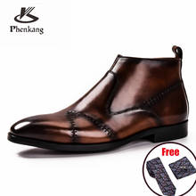 Men winter Boots Genuine cow leather chelsea boots brogue casual ankle flat shoes Comfortable quality slipon dress boots 2020 2024 - buy cheap