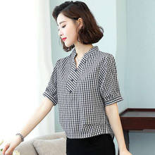 Spring Autumn Style Women Blouses Shirts Lady Casual Half Sleeve V-Neck Plaid Printed Blusas Tops DD8963 2024 - buy cheap