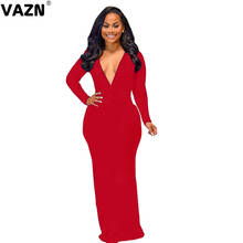 VAZN 2020 New Arrival Sexy Night Club Plus Size Solid Sweet Deep V-Neck Full Sleeve Top Women High Waist Thin Mermaid Maxi Dress 2024 - buy cheap