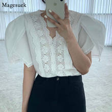 Blusas femininas soltas bordadas estilo vintage, moda coreana, para mulheres, blusas casuais, de manga curta, com gola v, 13974 2024 - compre barato