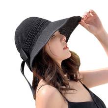 Chapéu de tecido feminino para o verão, viseira de sol, fofo, bowknot, top aberto, aba larga, empacotável, proteção uv, chapéu de praia 2024 - compre barato