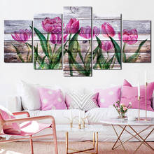 Hd Nordic Plant Printed Canvas Painting Art Wall Posters Pink Flowers Pictures On Modern Wood Boards Decor Murals 5Pcs Frameless 2024 - buy cheap