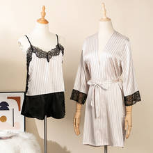 New Women 3Pcs Suit Pajamas Sleepwear Sets Spring Summer Striped Print Satin Home Wear Nightwear 2024 - buy cheap