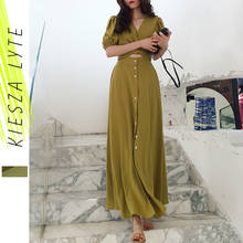 Women Beach Holiday Club Dresses French Style Twist Waist Hollow Out Solid Green V Neck Maxi Dress Summer 2020 2024 - buy cheap