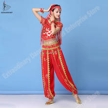 Conjunto de trajes de danza del vientre India Sari Bollywood Dance mujeres gasa media manga moneda Top + cinturón + Pantalones + velo + horquilla chica 2024 - compra barato
