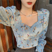 Zoki blusa jeans feminina estampa vintage, decote quadrado, manga longa, jeans azul, camisa curta, casual, elegante, coreana 2024 - compre barato