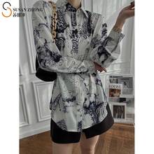 Рубашка женская с отложным воротником, элегантная романтичная Свободная блузка на пуговицах, средней длины, с манжетами и художественным рисунком, весна 2021 2024 - купить недорого