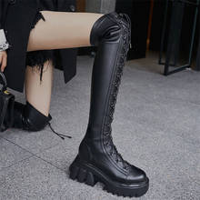 PXELENA-Botas hasta el muslo para mujer, zapatos de tacón alto con plataforma gruesa, por encima de la rodilla, de cuero genuino, estilo gótico Punk romano, 2020 2024 - compra barato