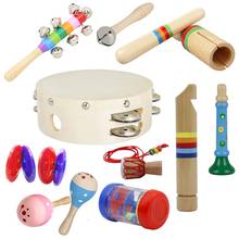 Orff-juego de instrumentos musicales de madera, pandereta de mano, tubo de sonido de lluvia, flauta, sonajero, mancuerna, collar, Maracas, 10 unids/set por juego 2024 - compra barato