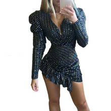 Puff Sleeve Sexy Sequins Dress Women Long Sleeve V Neck Bodycon Diamonds Dress Glitter Party Christmas Dress Vestidos 2024 - buy cheap