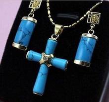 Gorgeous Turquoises"cross" Pendant Necklace + Earrings Fashion Wedding Party Jewellery 2024 - buy cheap