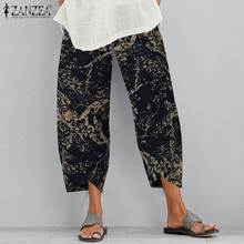 ZANZEA Women Cotton Linen Pants Summer Vintage Floral Printed Trousers Turnip Casual Elastic Waist Loose Pantalon 2024 - buy cheap