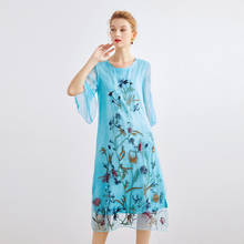 Vestido de princesa bordado de seda, primavera e verão, novo estilo chinês, gola redonda, meia manga, elegante, vestido feminino solto 2024 - compre barato