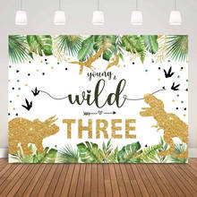 Pano de fundo para festa de aniversário com três animais selvagens, safari, floresta, dinossauro, fotografia customizada com glitter de ouro 2024 - compre barato