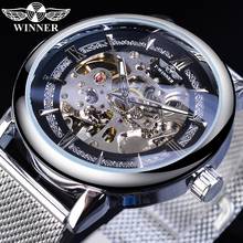 Relógio winner fashion mecânico e prata, relógio de pulso automático de aço inoxidável transparente para homens, pulseira de malha esqueleto, steampunk 2024 - compre barato