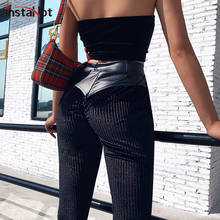 InstaHot Black Knit Faux Leather Patchwork Pencil High Waist Pants Casual Elastic Women Trousers Autumn Slim Skinny Lady Capris 2024 - buy cheap
