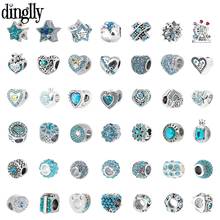 Dinglly Cyan-blue Rhinestone Beads Heart Crystal Star Charm Fit Bracelet & Necklace Silver Color Jewelry Accessory Flower Beaded 2024 - buy cheap