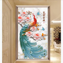 Papel де parede китайский стиль 3D стерео рельеф Павлин мраморный узор входные обои дверь наклейка, гостиная спальня росписи 2024 - купить недорого