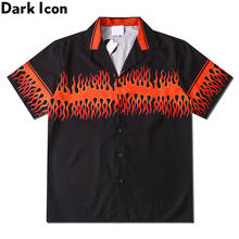 Camisa havaiana de chama laranja com ícone escuro, camisa masculina de rua vintage para verão 2024 - compre barato