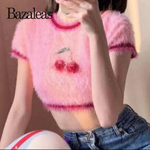 Bazaleas-Top corto con estampado de cerezas para mujer, camiseta Sexy Punk de manga corta, retales ajustados, moda Mohair rosa, camiseta recortada 2024 - compra barato